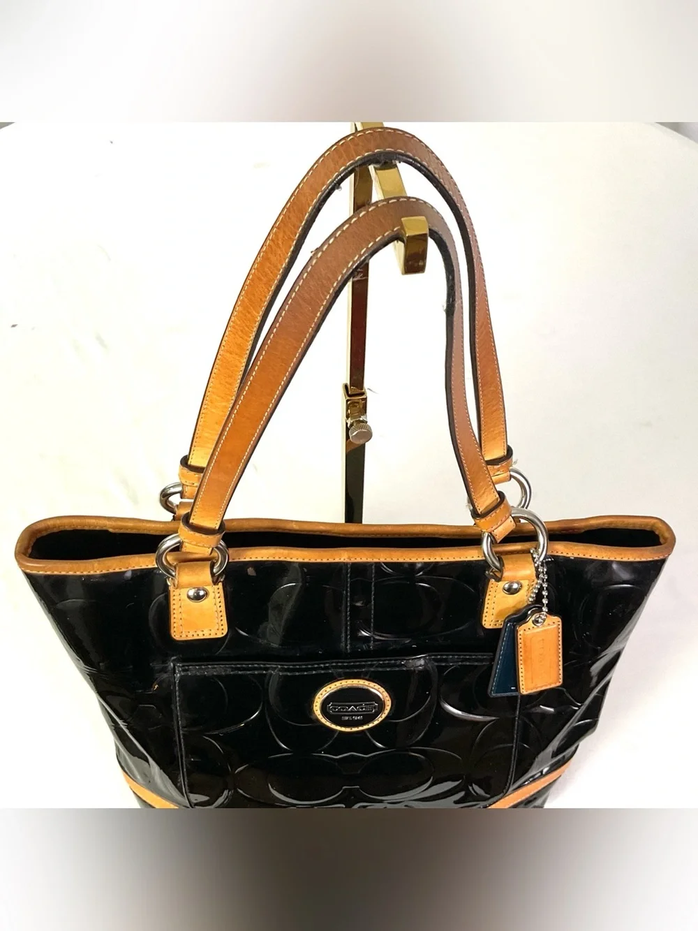 Coach -F22322-PEYTON-embossed, patent leather, tan leather trim, medium tote